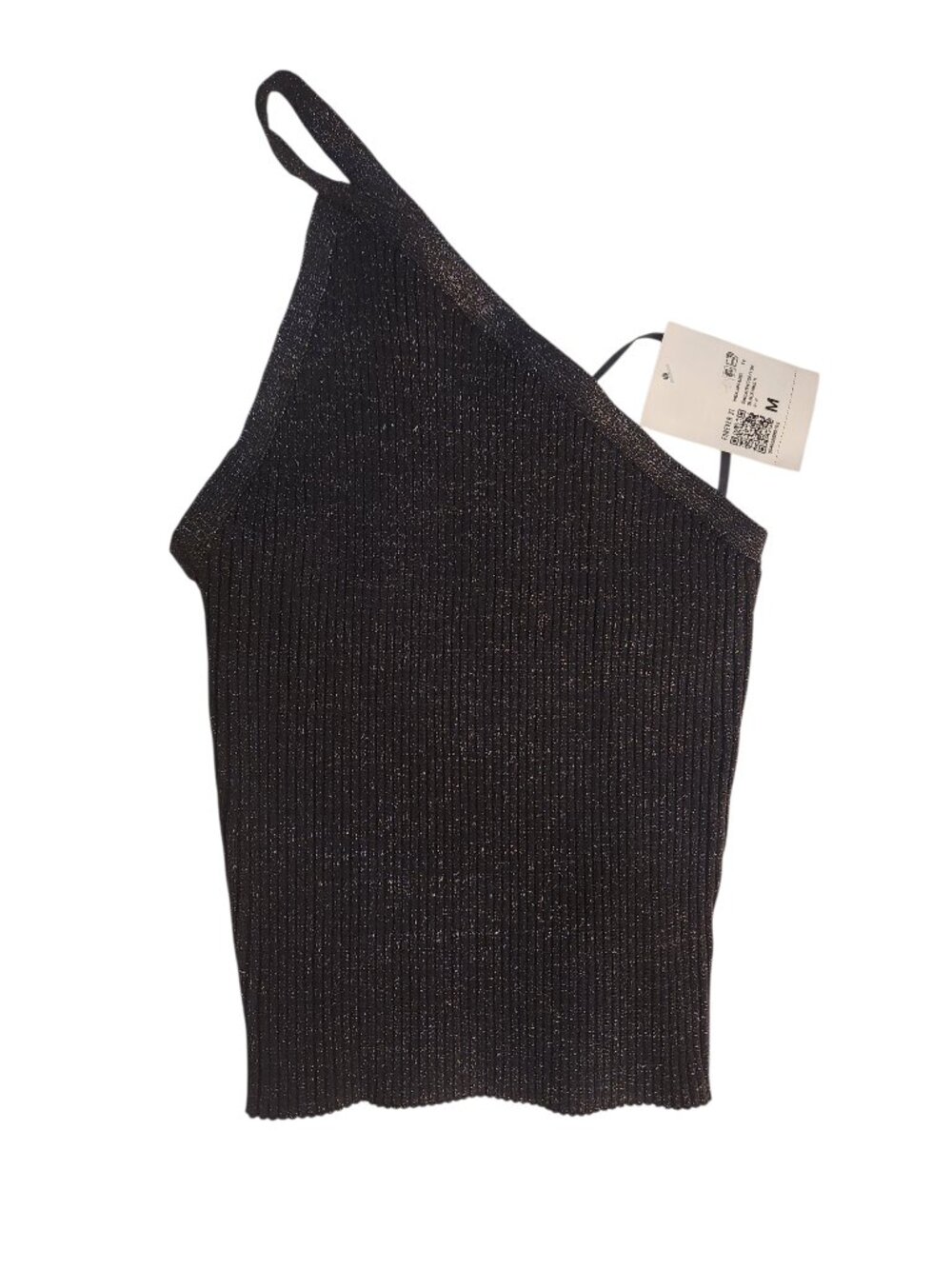 NWT Forever 21 Black Silver Ribbed Knit Asymmetrical One Shoulder Top Size M